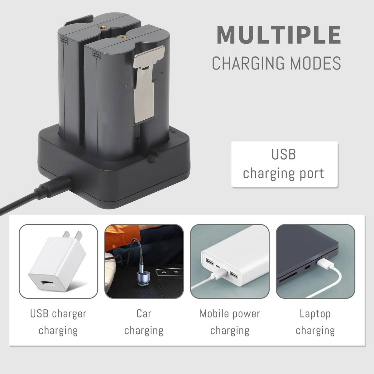 Multi-mode battery charging dock with USB charging port and base, black