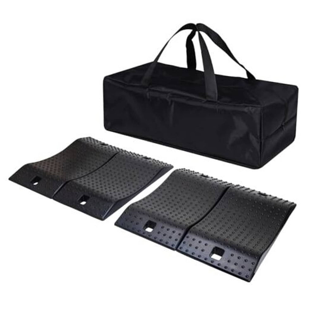 Rubber car wheel ramps with carrying bag; textured anti-slip ramp pair