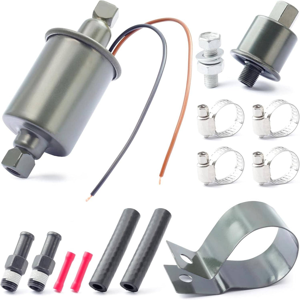 12V electric fuel pump with connectors, hoses, and assorted mounting clamps and screws