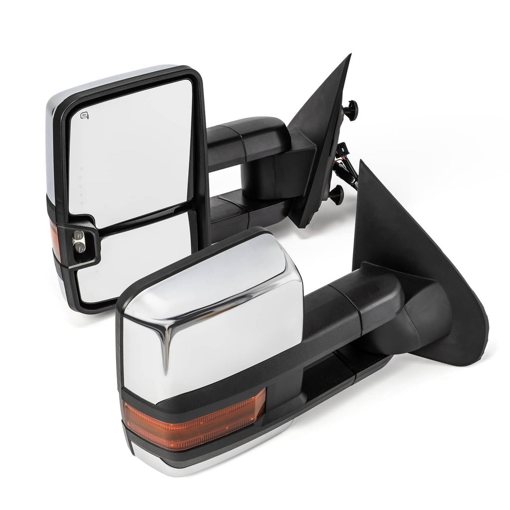 Pair of heated tow mirrors with amber light strip and folding black base, angled view