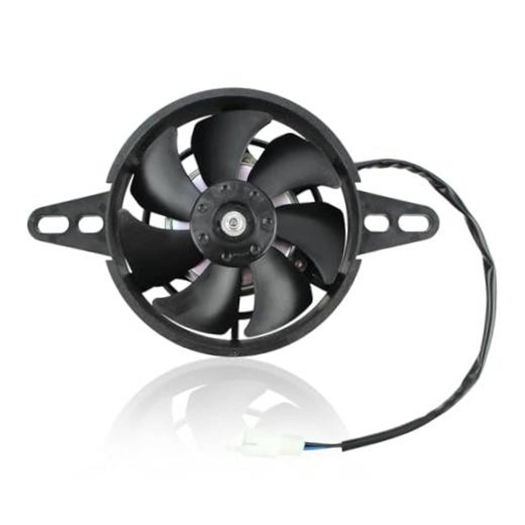 Motorcycle cooling fan with four black blades, mounting bracket, and electric power wire