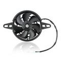 Motorcycle cooling fan with four black blades, mounting bracket, and electric power wire