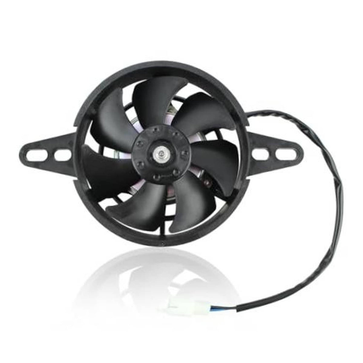 Motorcycle cooling fan with four black blades, mounting bracket, and electric power wire