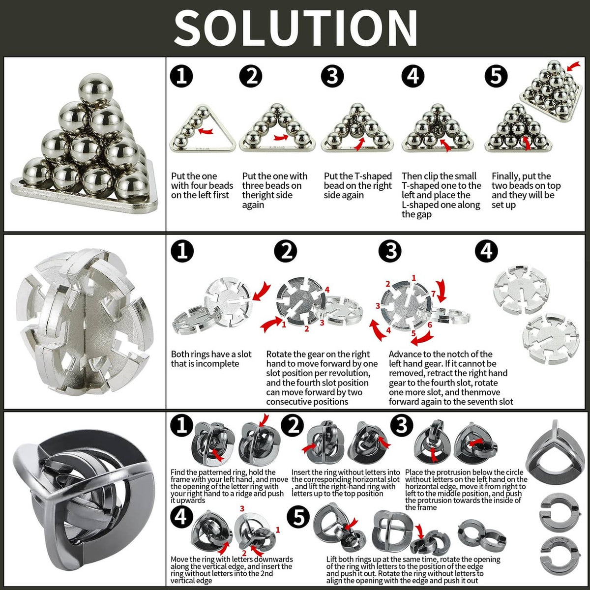Metal puzzle instruction sheet with step diagrams for assembling the pieces