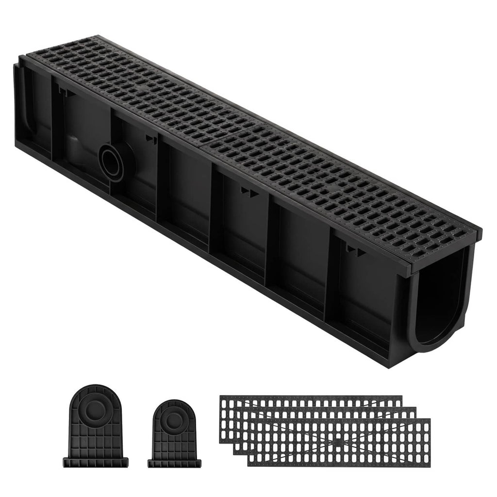 Black HDPE linear drainage channel with grate and end caps, 4-pack