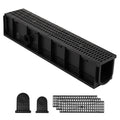 Black HDPE linear drainage channel with grate and end caps, 4-pack