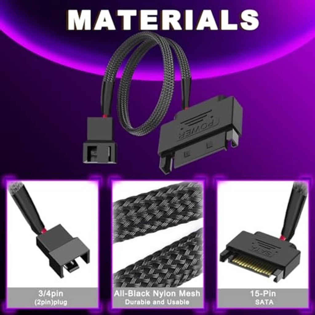 Black braided 15-pin SATA to PC fan adapter cable with molded connectors and 15-pin plug