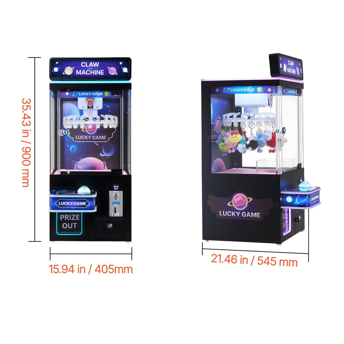 Uimoso claw crane arcade game machine front and side size diagram with measurements