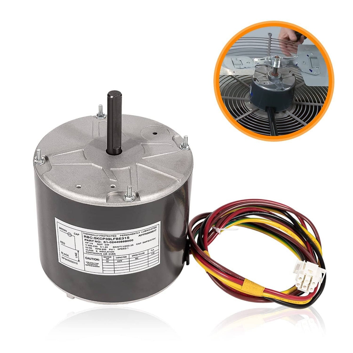 Condenser fan motor with wiring harness and label on metal housing