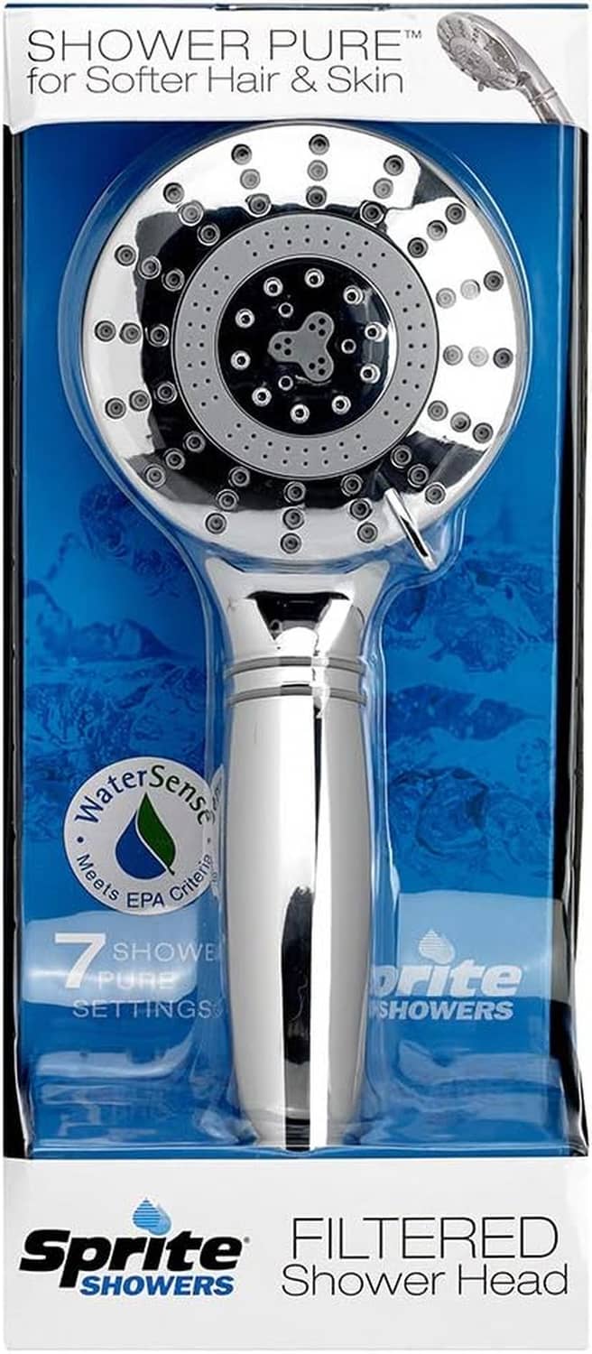 Sprite Showers Shower Pure filtered shower head retail box, 7 settings, chrome shower handle