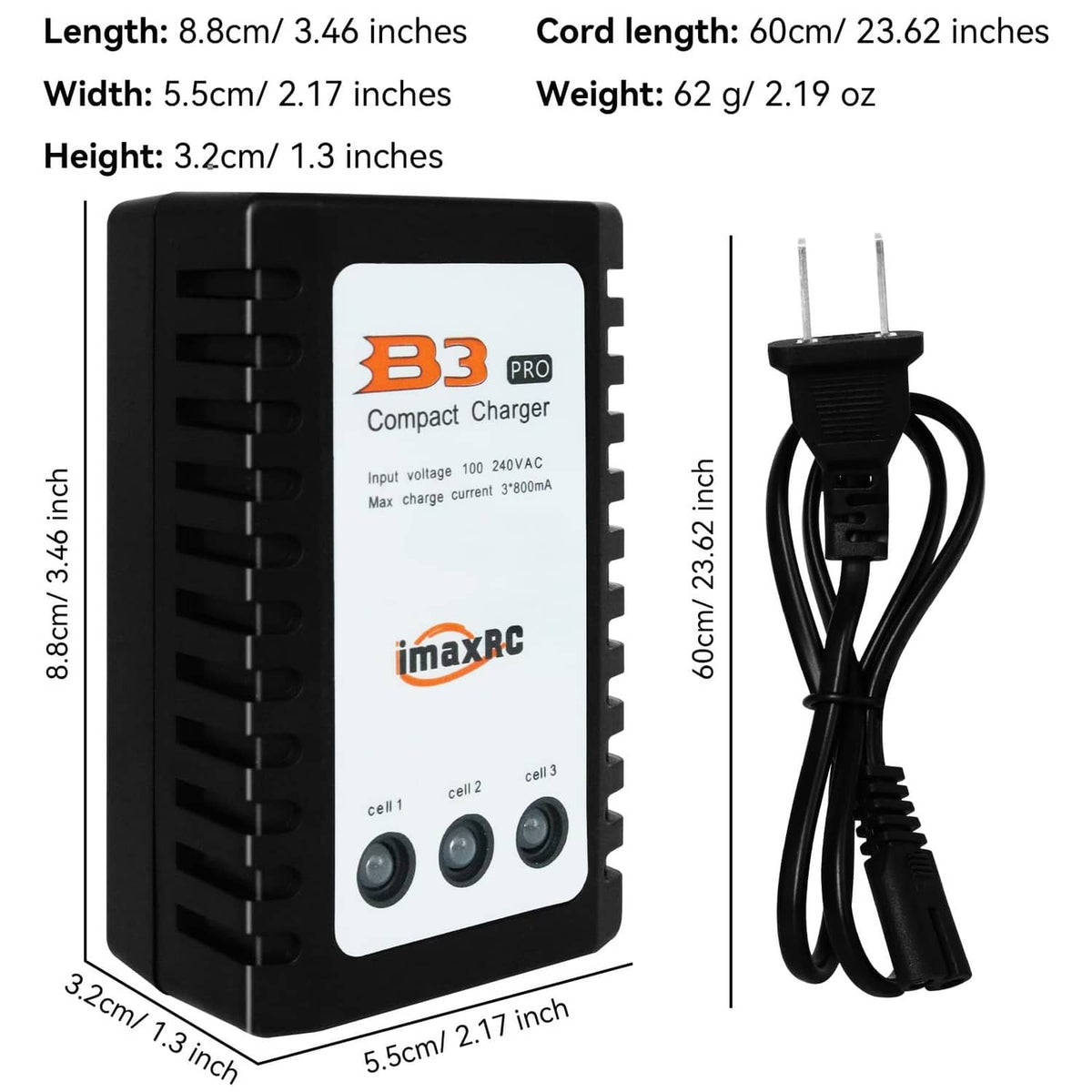 Black compact LiPo balance charger with front cell LEDs and AC power cord
