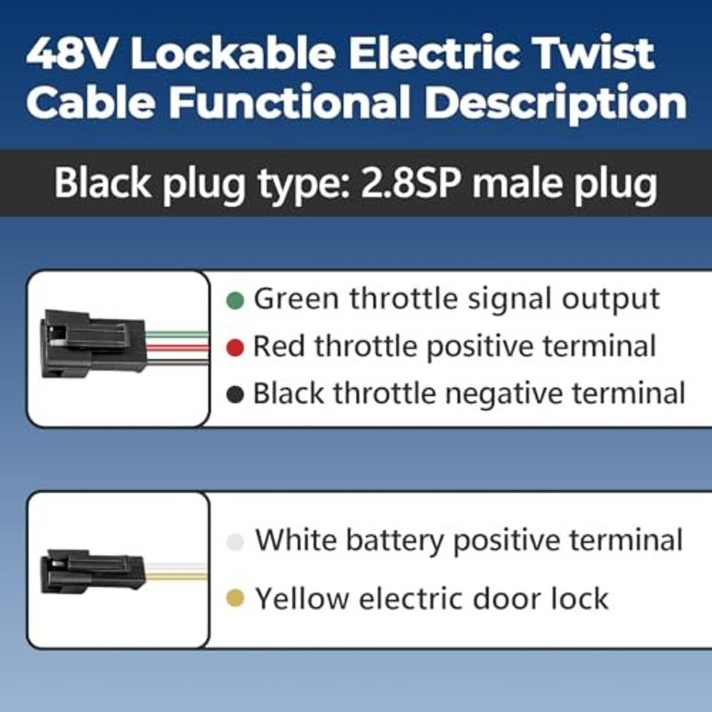 Throttle wiring with black connector plug and terminal leads for electric twist throttle.