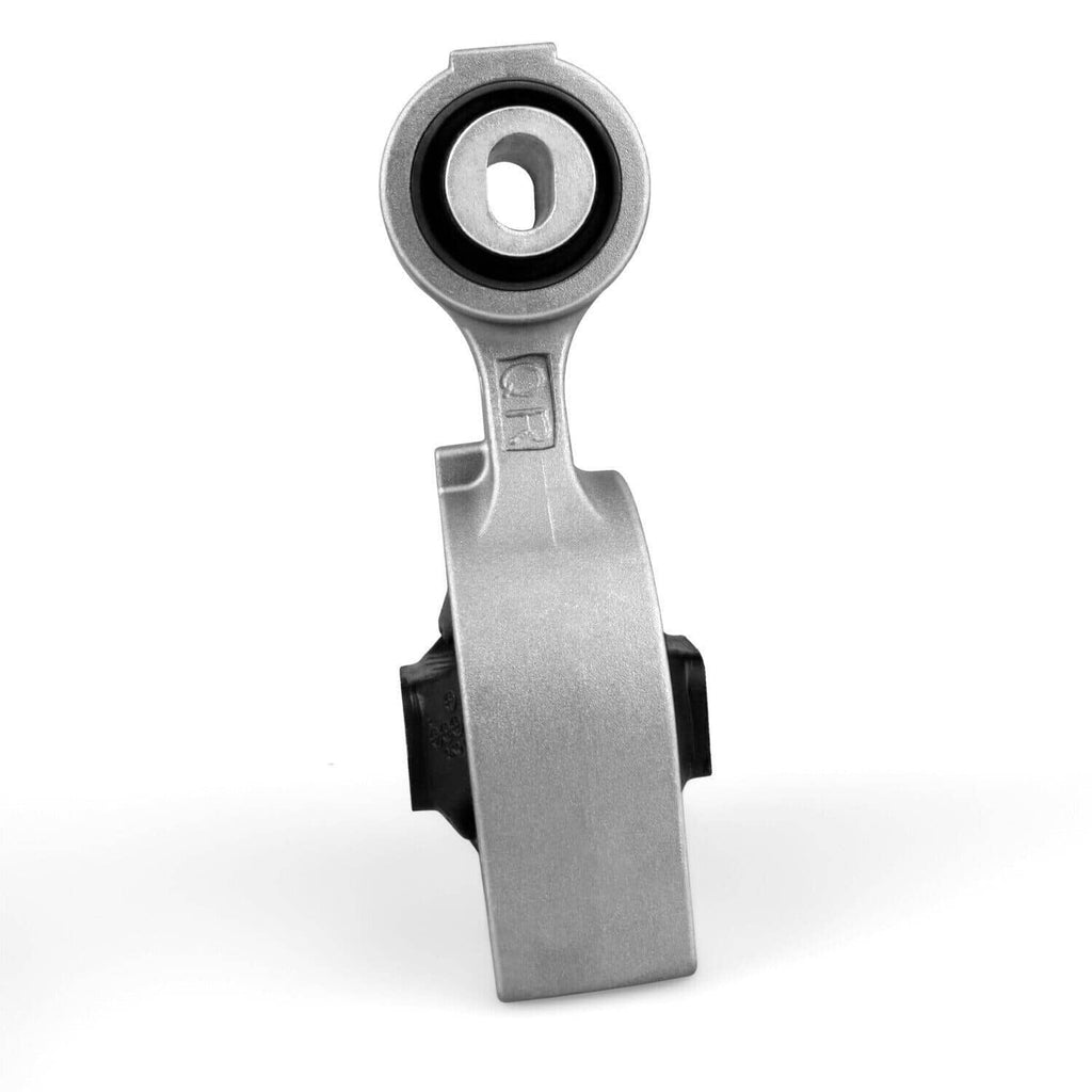 Front torque strut mount with silver bracket and black rubber insert, vertical angle