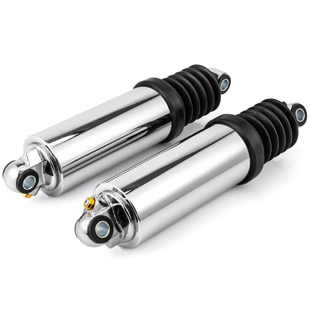 Rear air suspension shocks with chrome body, black bellows, and circular mounting eyes