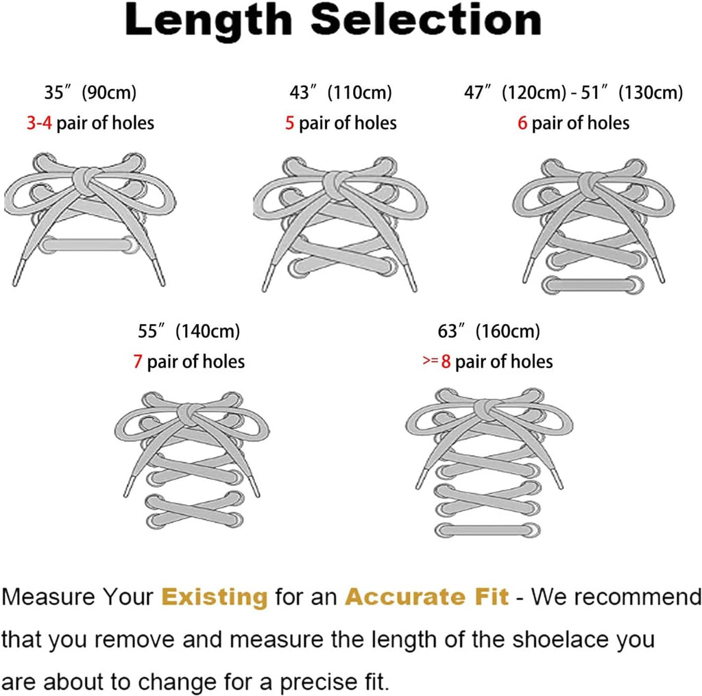 Flat shoelaces length selection chart with different lace sizes and hole counts