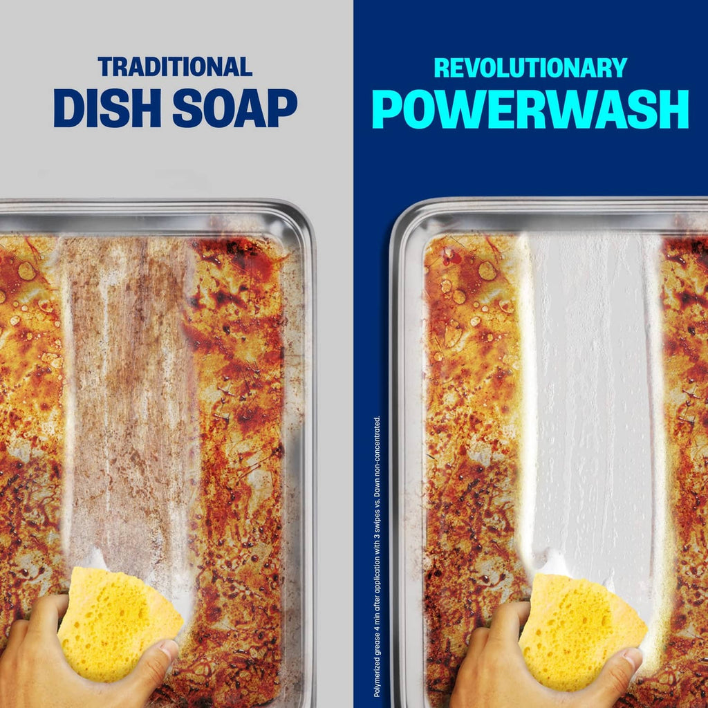 Powerwash vs traditional dish soap comparison on a heavily soiled baking dish
