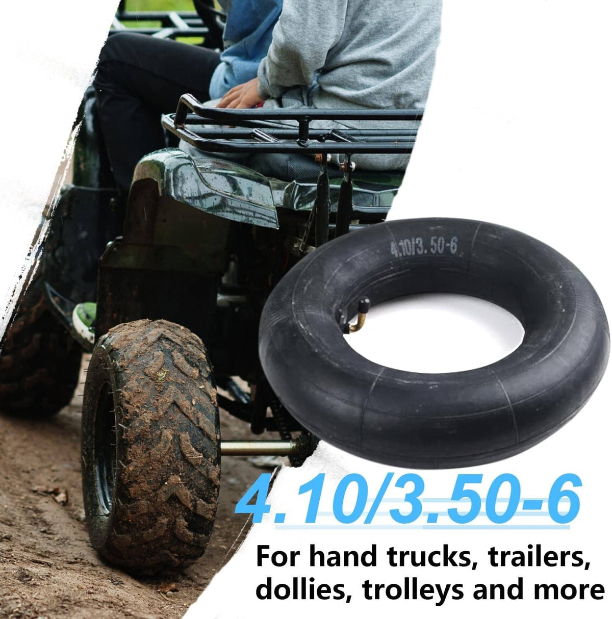 Black 4.10/3.50-6 inner tube with bent valve stem for wheel replacement