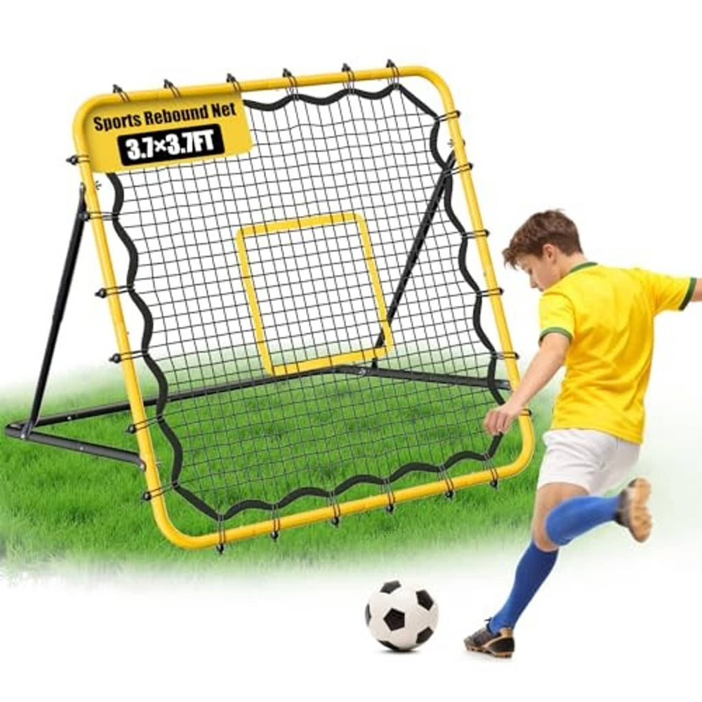 Rebound net with yellow frame, black netting, and square pitching target panel