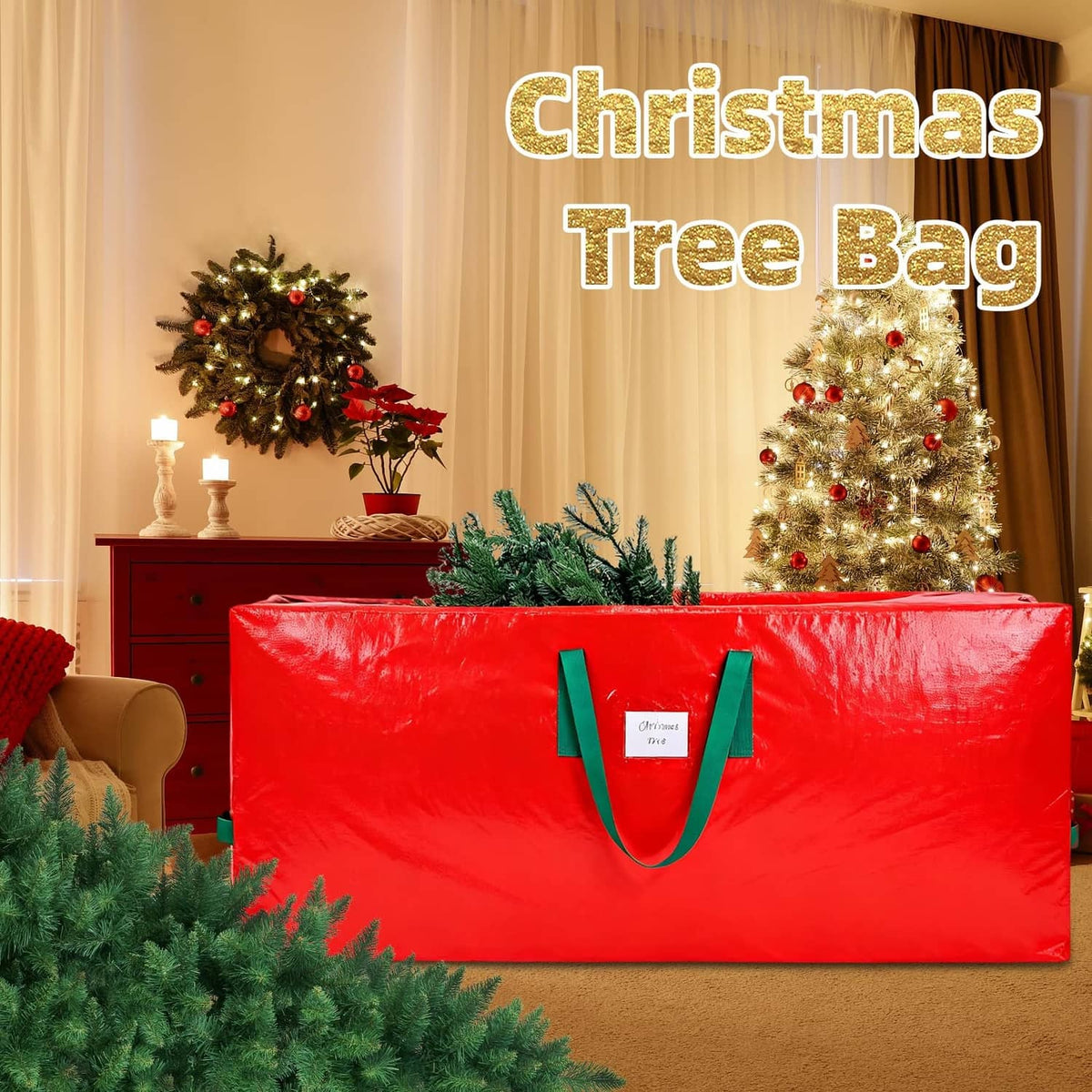 Red Christmas tree storage bag with green carrying handles and large rectangular shape