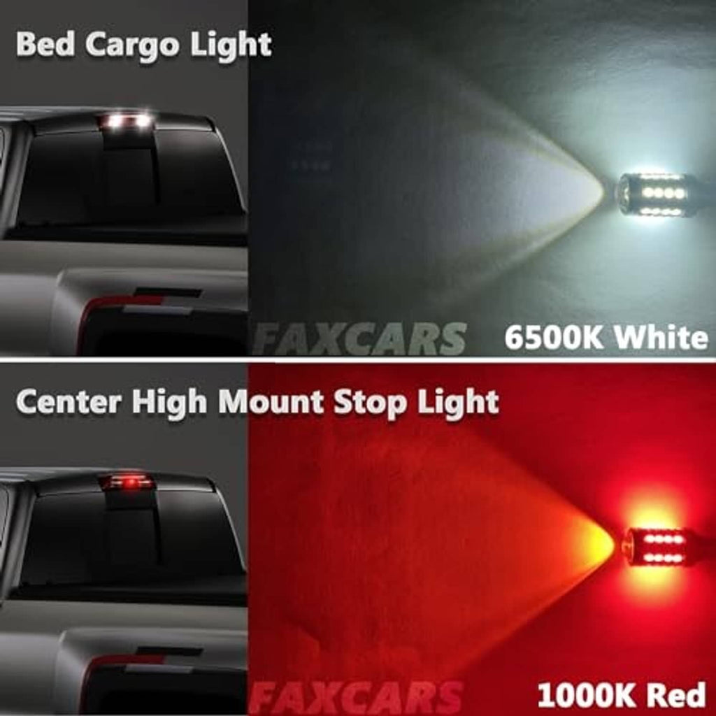 LED stop and cargo light bulbs, red LEDs and white LEDs lit, silver housings