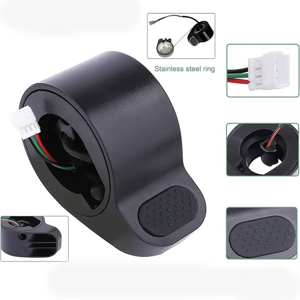 Electric scooter thumb throttle with textured thumb pad and wire connector ring