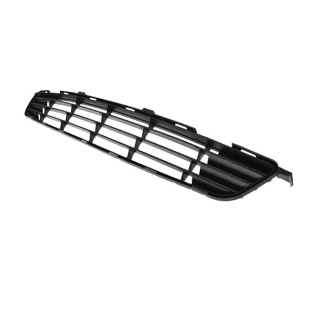 Front bumper grille, black frame with silver horizontal bar insert, front-left view