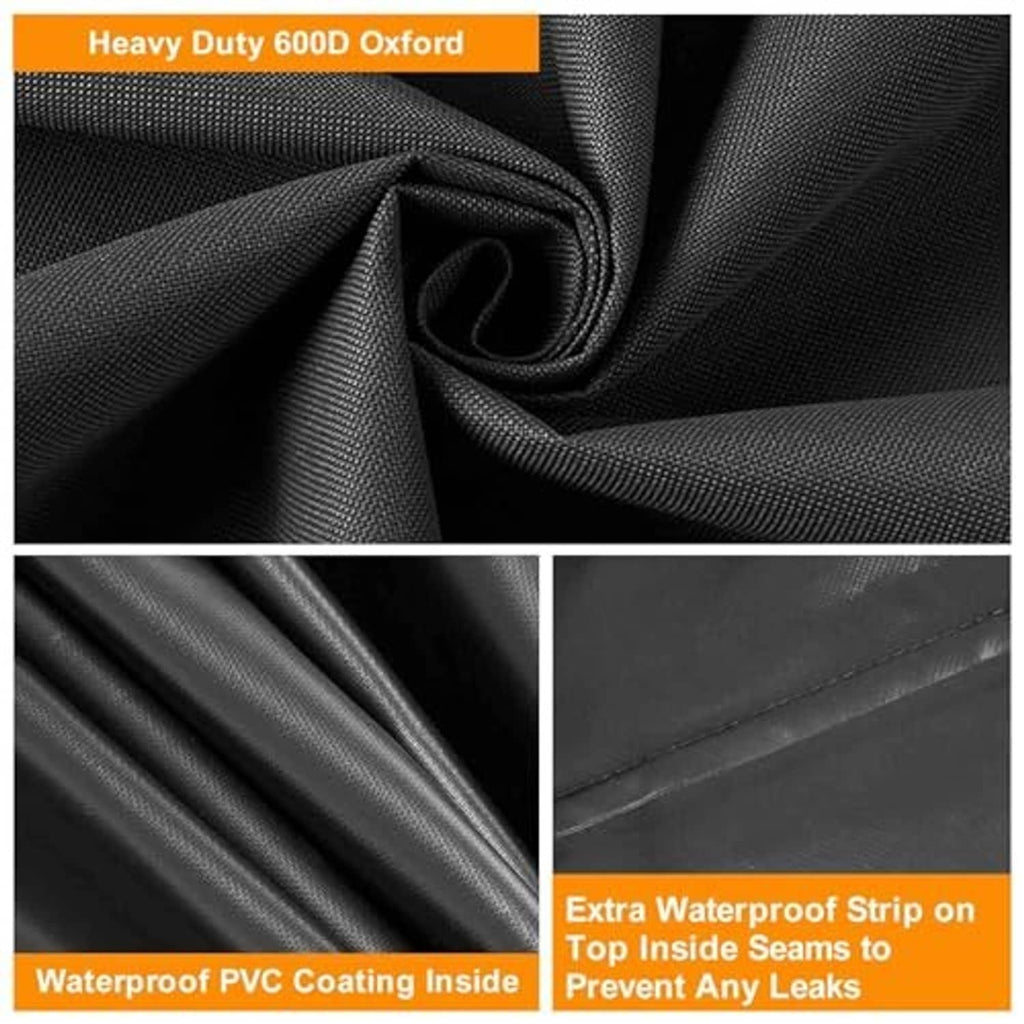 Close-up of black cover fabric with woven texture and waterproof strip on seams.