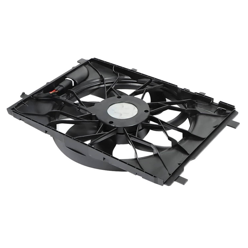 Mercedes-Benz radiator cooling fan assembly with black fan cage and circular motor mount