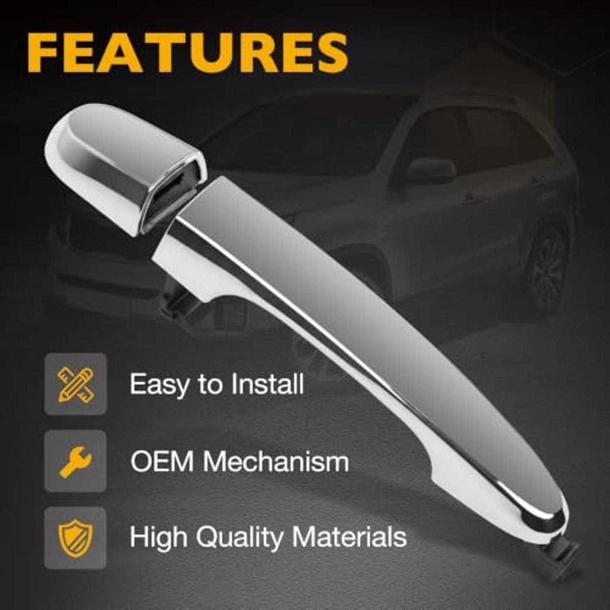 Chrome exterior door handle with black mounting bracket, shown at an angled view