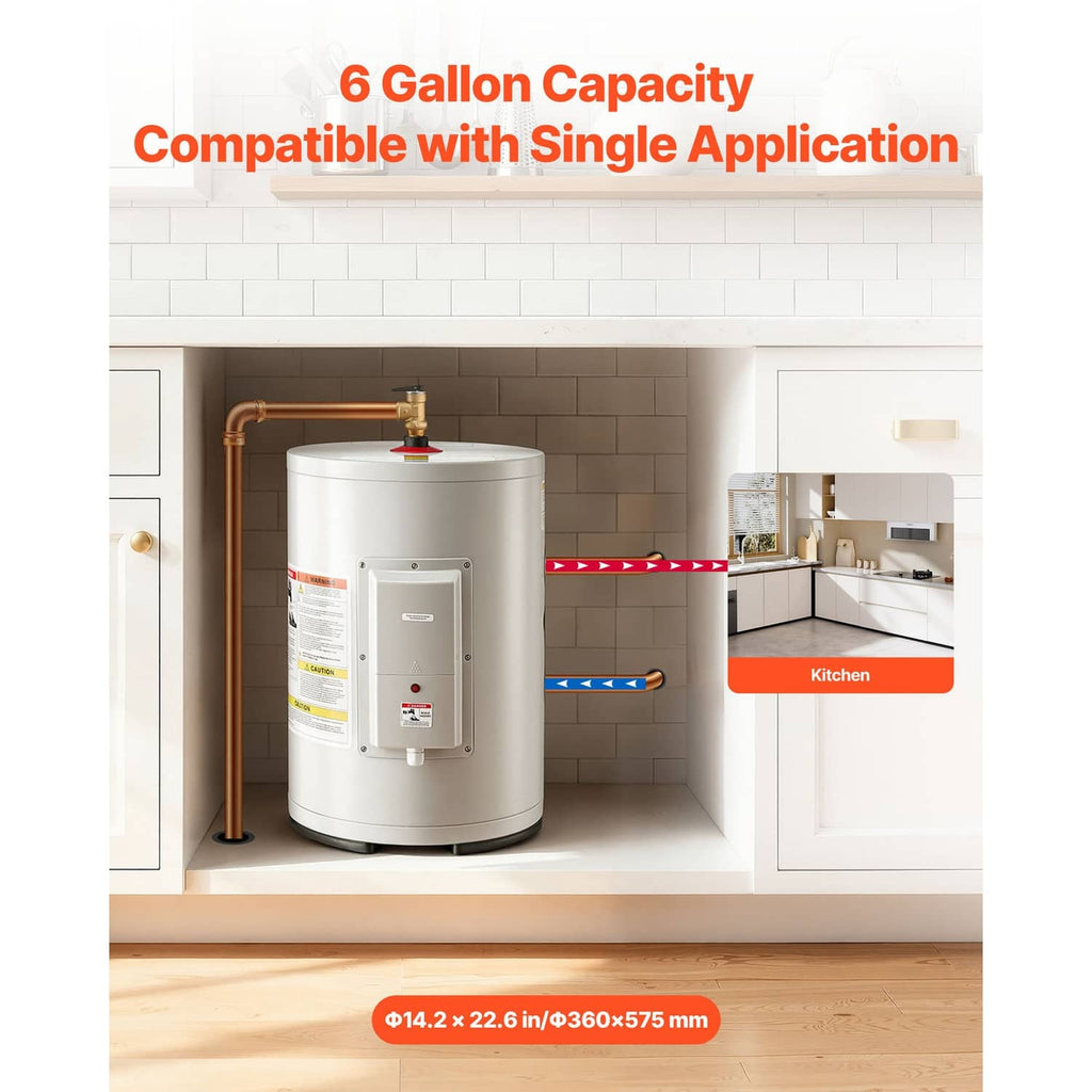 Electric water heater tank with inlet/outlet connections, shown in a kitchen setup