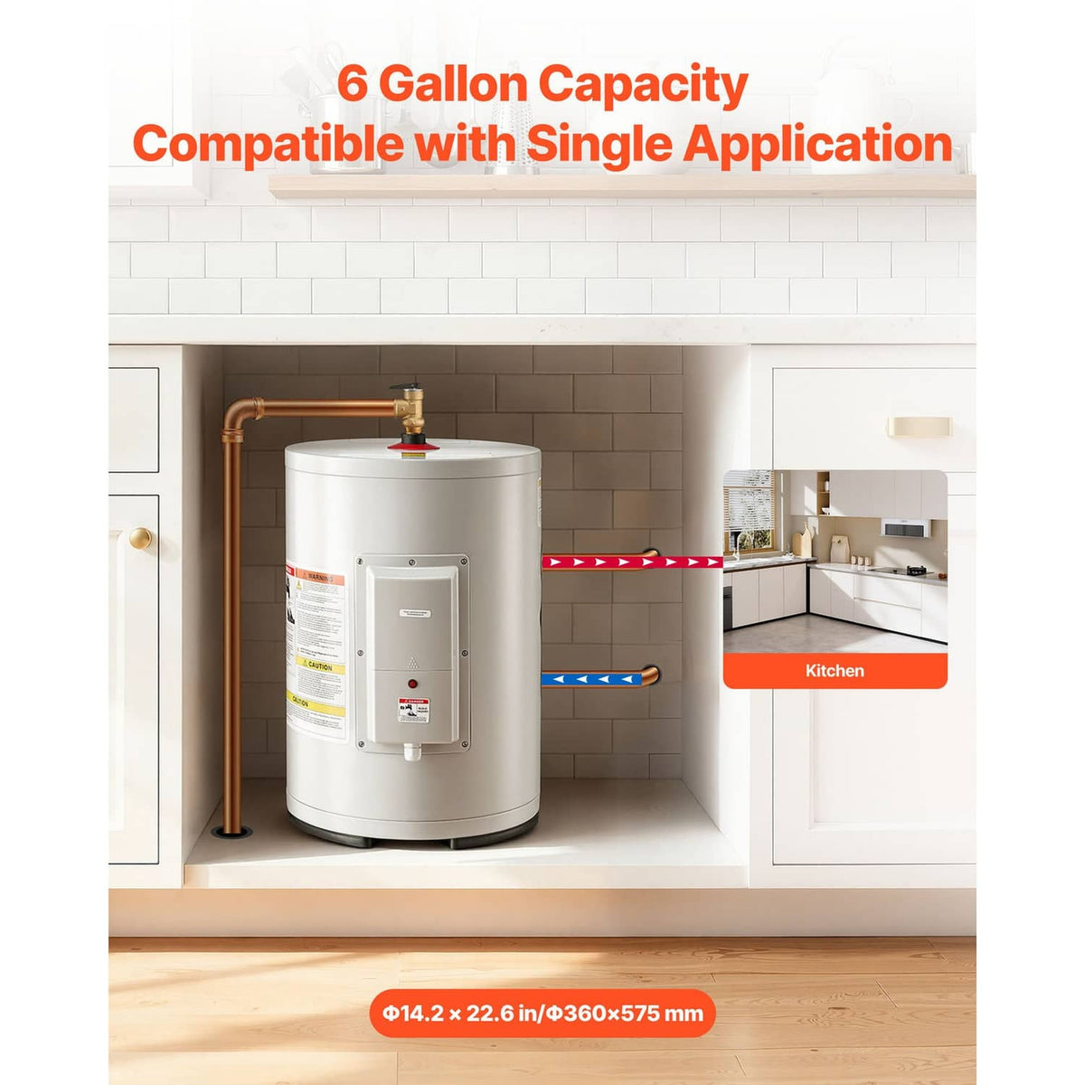 Electric water heater tank with inlet/outlet connections, shown in a kitchen setup