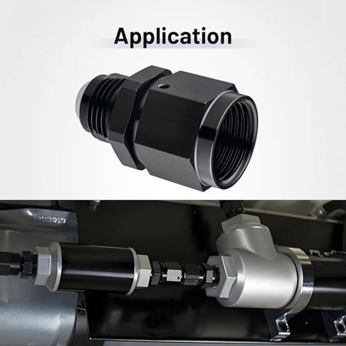 Black swivel flare expander adapter fitting installed in engine-style hose line
