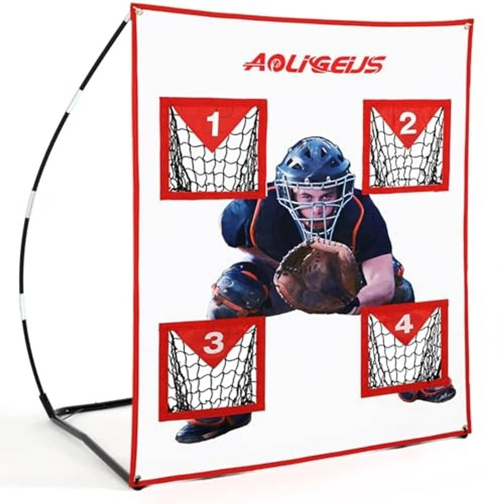Red-and-white four-pocket baseball pitching target net with numbered goals and catcher figure