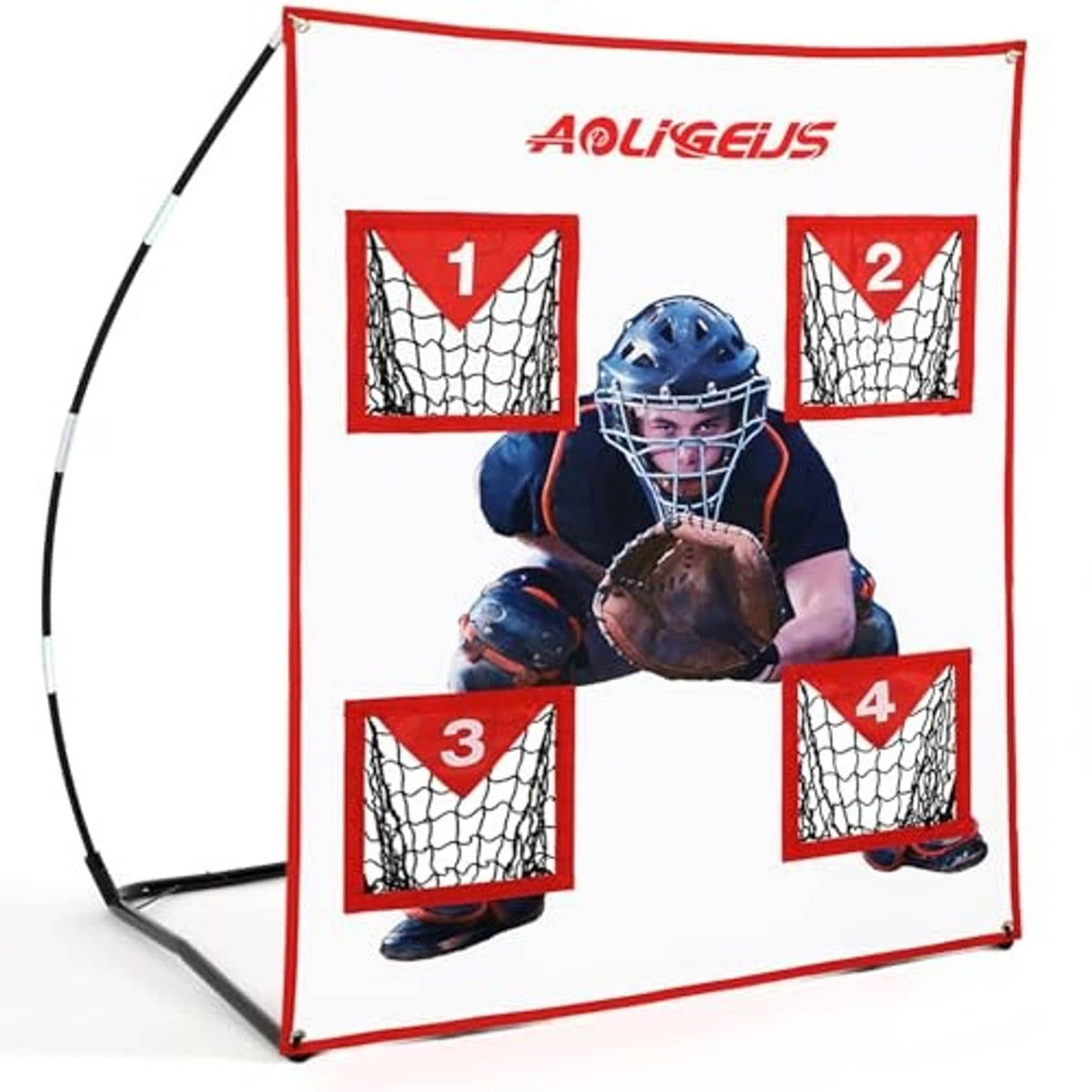 Red-and-white four-pocket baseball pitching target net with numbered goals and catcher figure