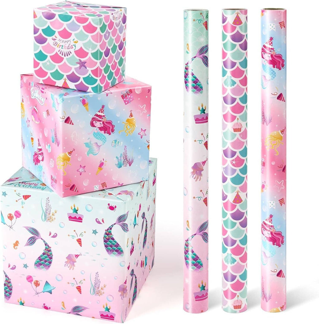 Mermaid wrapping paper roll set with three long rolls and wrapped gift box