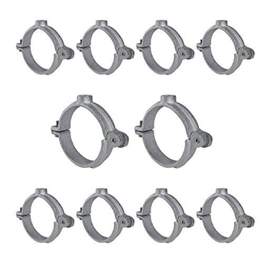 Gray hinged split ring pipe hangers, multiple units with mounting tabs