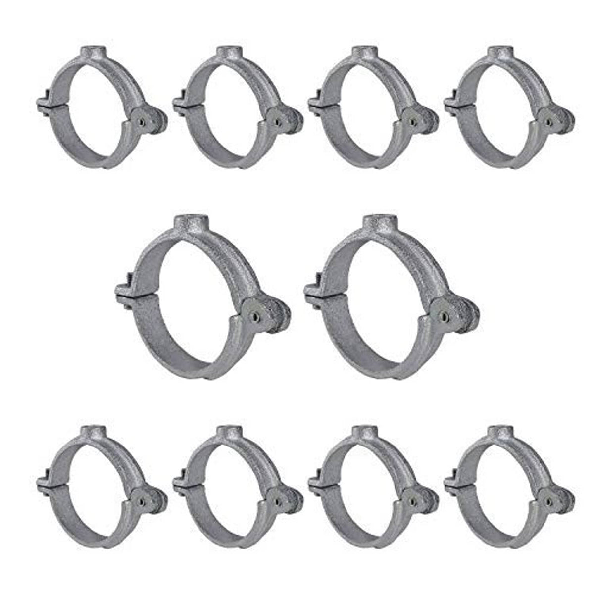 Gray hinged split ring pipe hangers, multiple units with mounting tabs