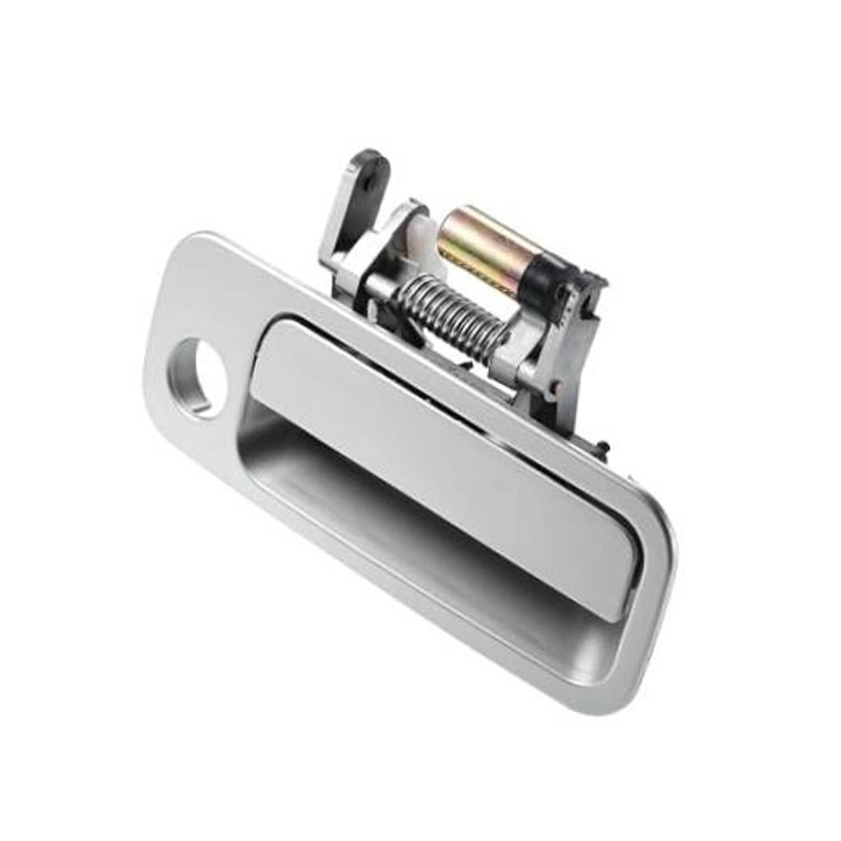 Exterior door handle for front right passenger side, silver-gray metal with keyhole cutout