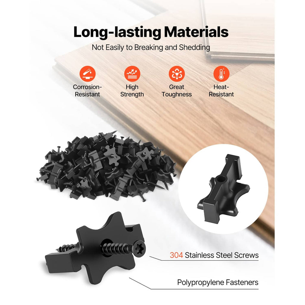 Black T-shaped hidden decking fastener clip set with stainless screws