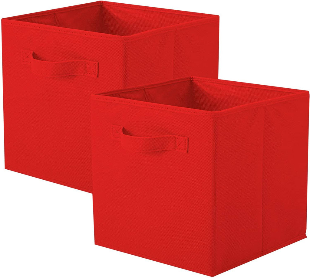 Red foldable fabric storage cube bins with front carry handles, shown side by side