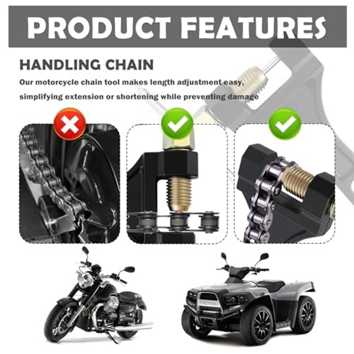Motorcycle chain breaker tool for chain length adjustment, black base and brass pin