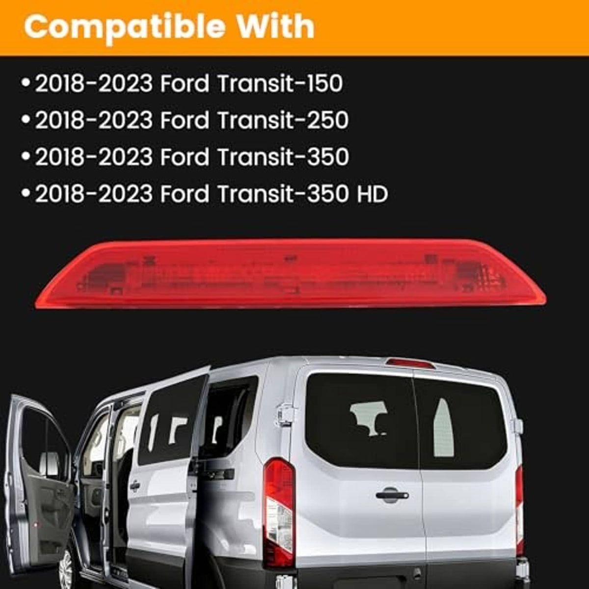 Red LED third brake light lens shown with vehicle rear and open door