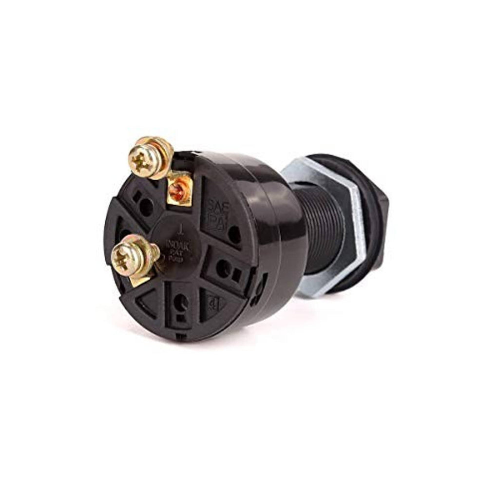 Close-up of black 2-pin ignition switch with brass terminals and threaded collar