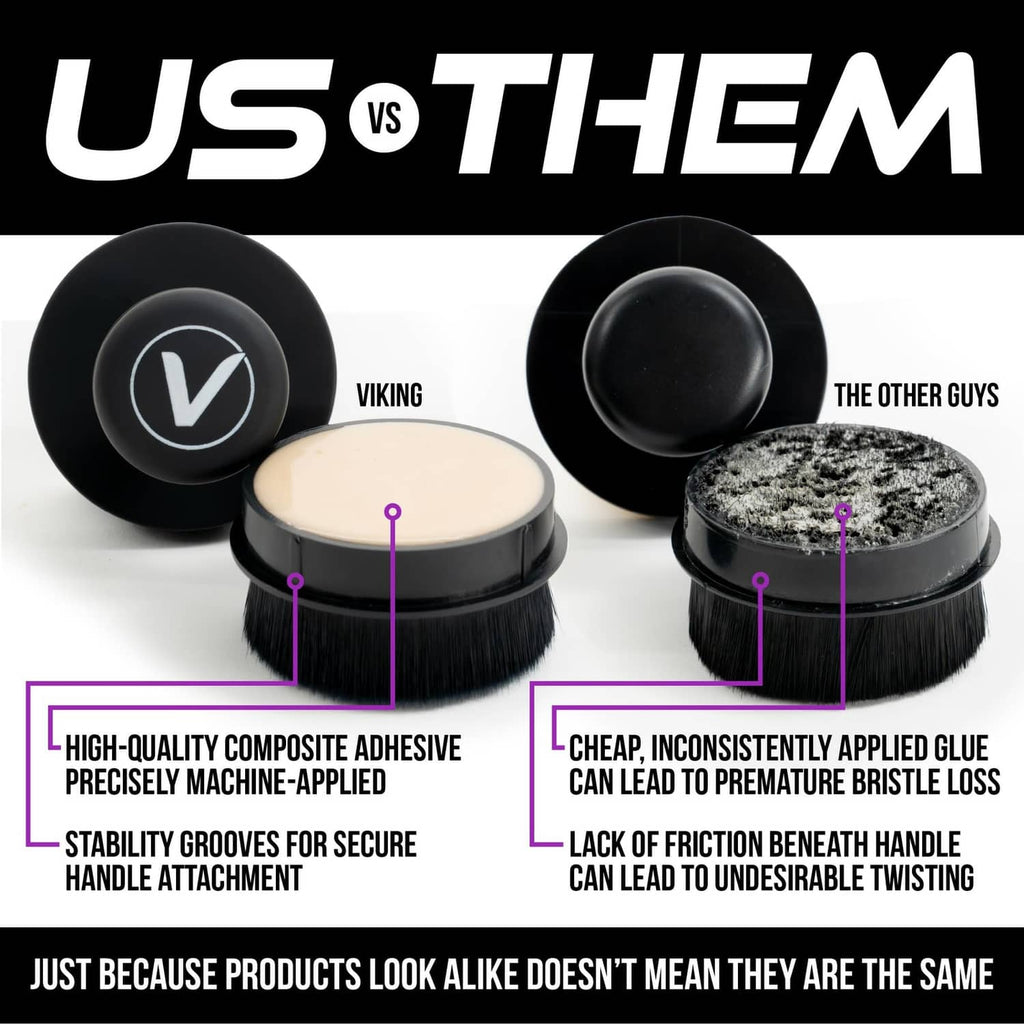 Tire dressing applicator brushes with black circular bases and soft bristle heads
