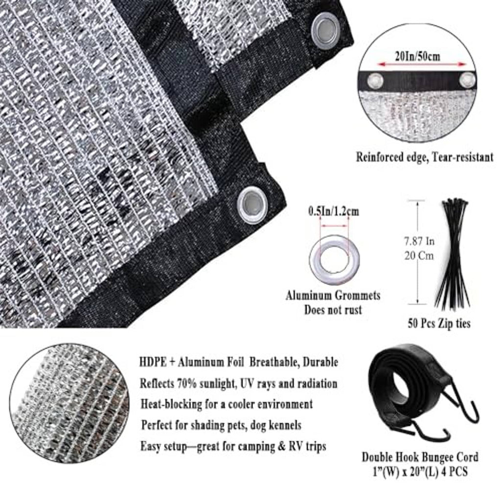 Reflective shade cloth fabric corner with reinforced edge and aluminum grommets
