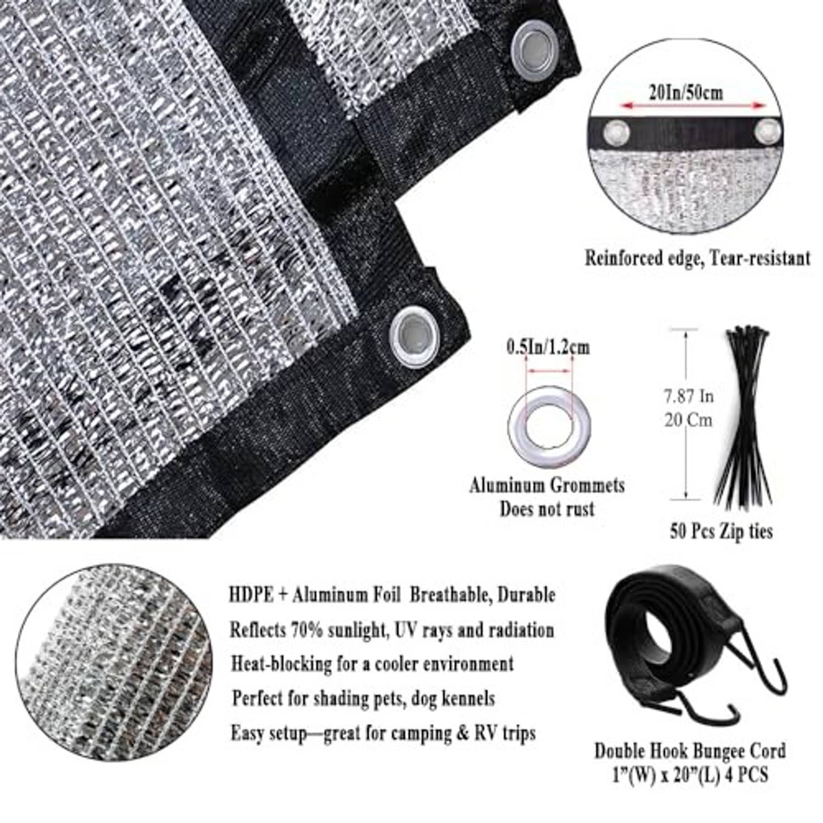 Reflective shade cloth fabric corner with reinforced edge and aluminum grommets
