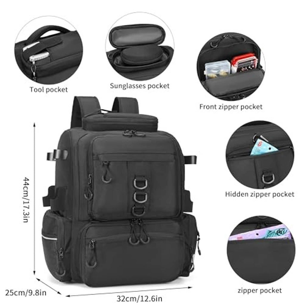 Black tackle backpack with sunglasses pocket and hidden zipper pocket on front