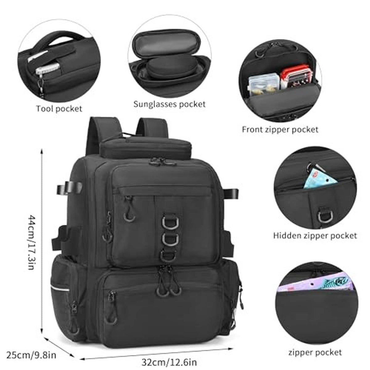Black tackle backpack with sunglasses pocket and hidden zipper pocket on front