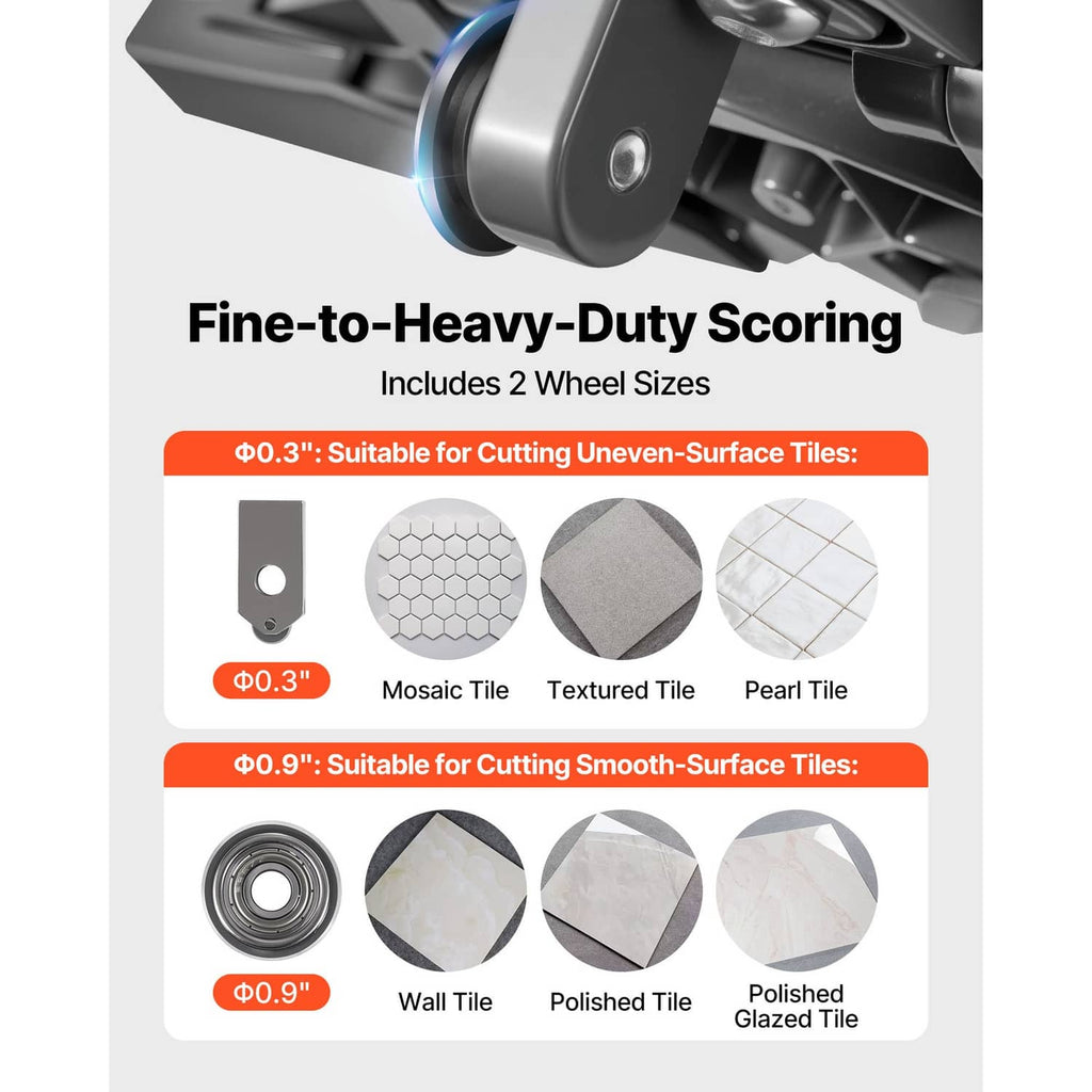 Manual tile cutter close-up of scoring wheel and cutting head housing