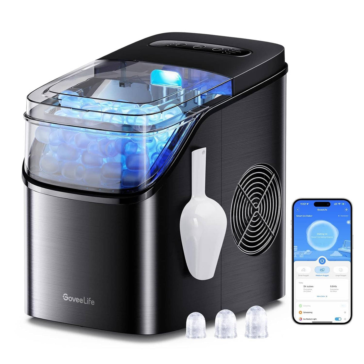 Portable countertop ice maker with stainless sides, black top, and blue-lit ice bin